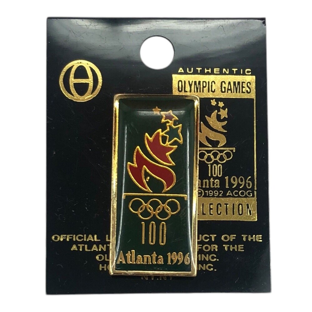 Vintage Atlanta 1996 Olympic Games Pin Green Enamel Rings Flame Logo